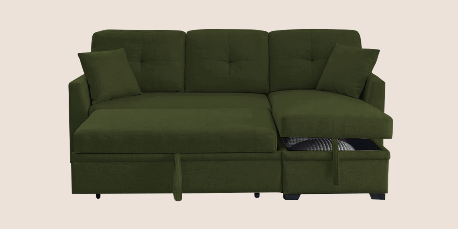 Jody Fabric 3 Seater Pull Out Sofa Cum Bed In Olive Green Colour With Storage - Febonic Living