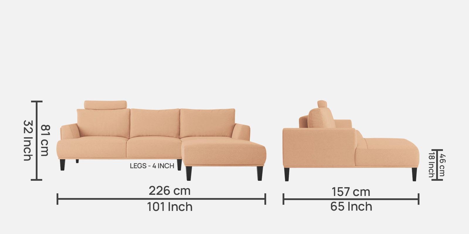 Como Fabric LHS Sectional Sofa (3+Lounger) In Cosmic Beige Colour - Febonic Living
