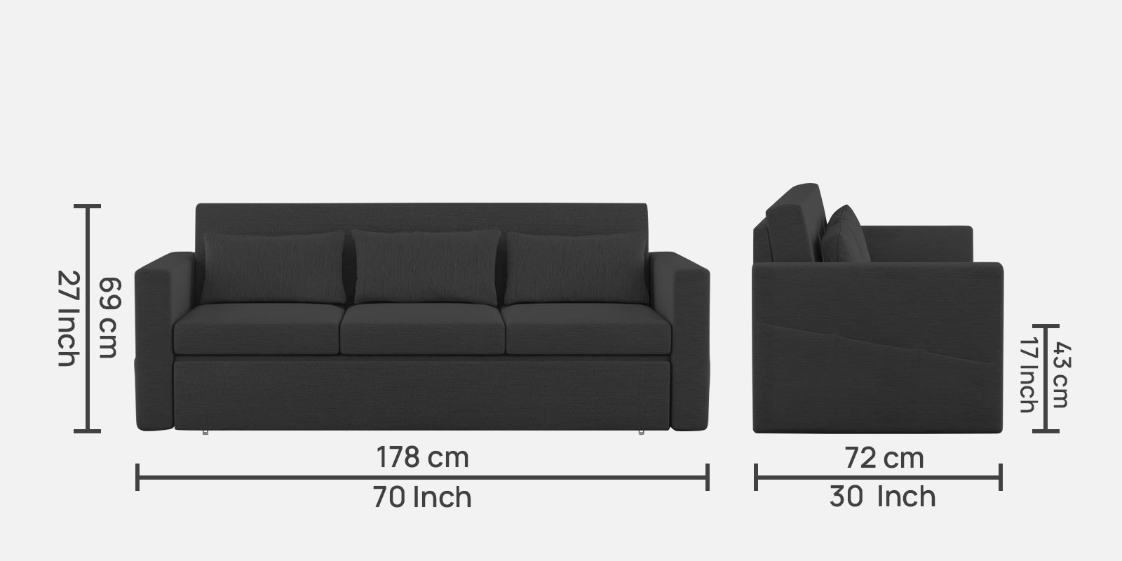 River Fabric 3 Seater Pull Out Sofa Cum Bed In Charcoal Grey Colour - Febonic Living
