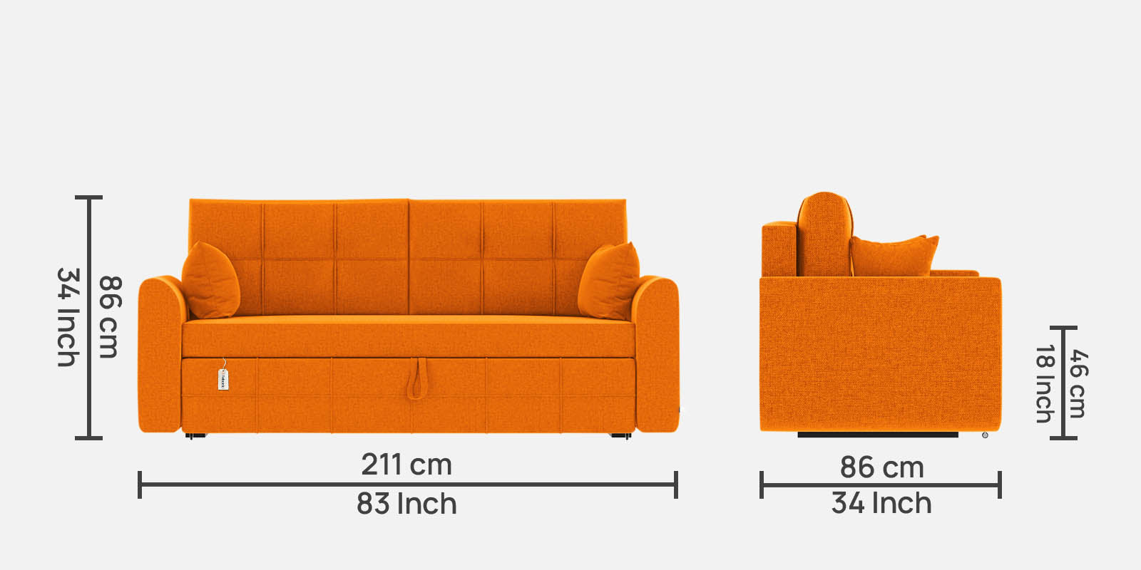 Ines Velvet 3 Seater Pull Out Sofa Cum Bed In Vivid Orange Colour With Storage - Febonic Living