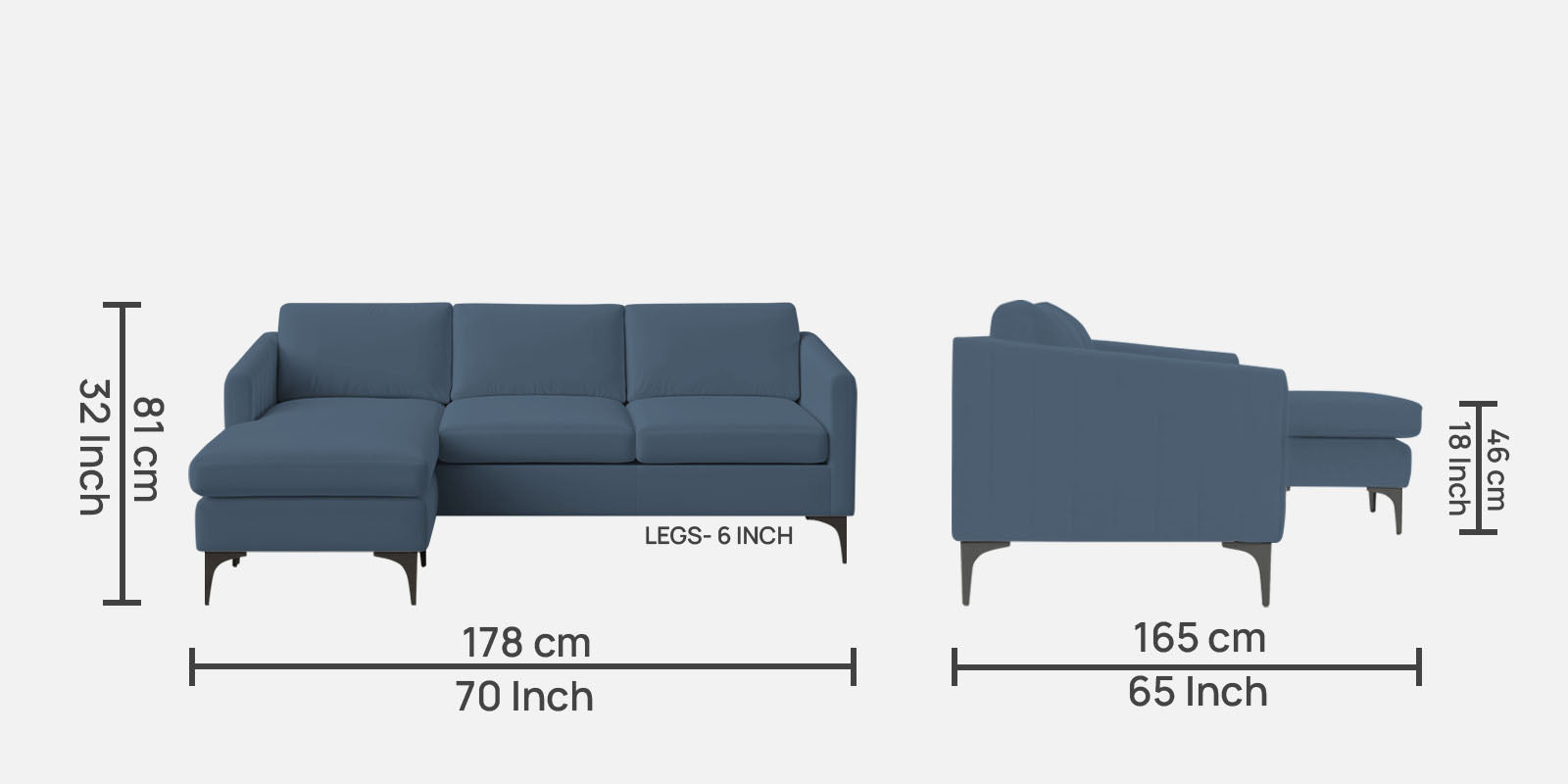 Haru Fabric RHS Sectional Sofa (2+Lounger) In Oxford Blue Colour - Febonic Living