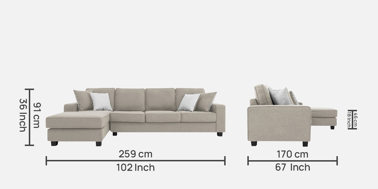 Ladybug Fabric RHS Sectional Sofa (3+Lounger) In Ash Grey Colour - Febonic Living