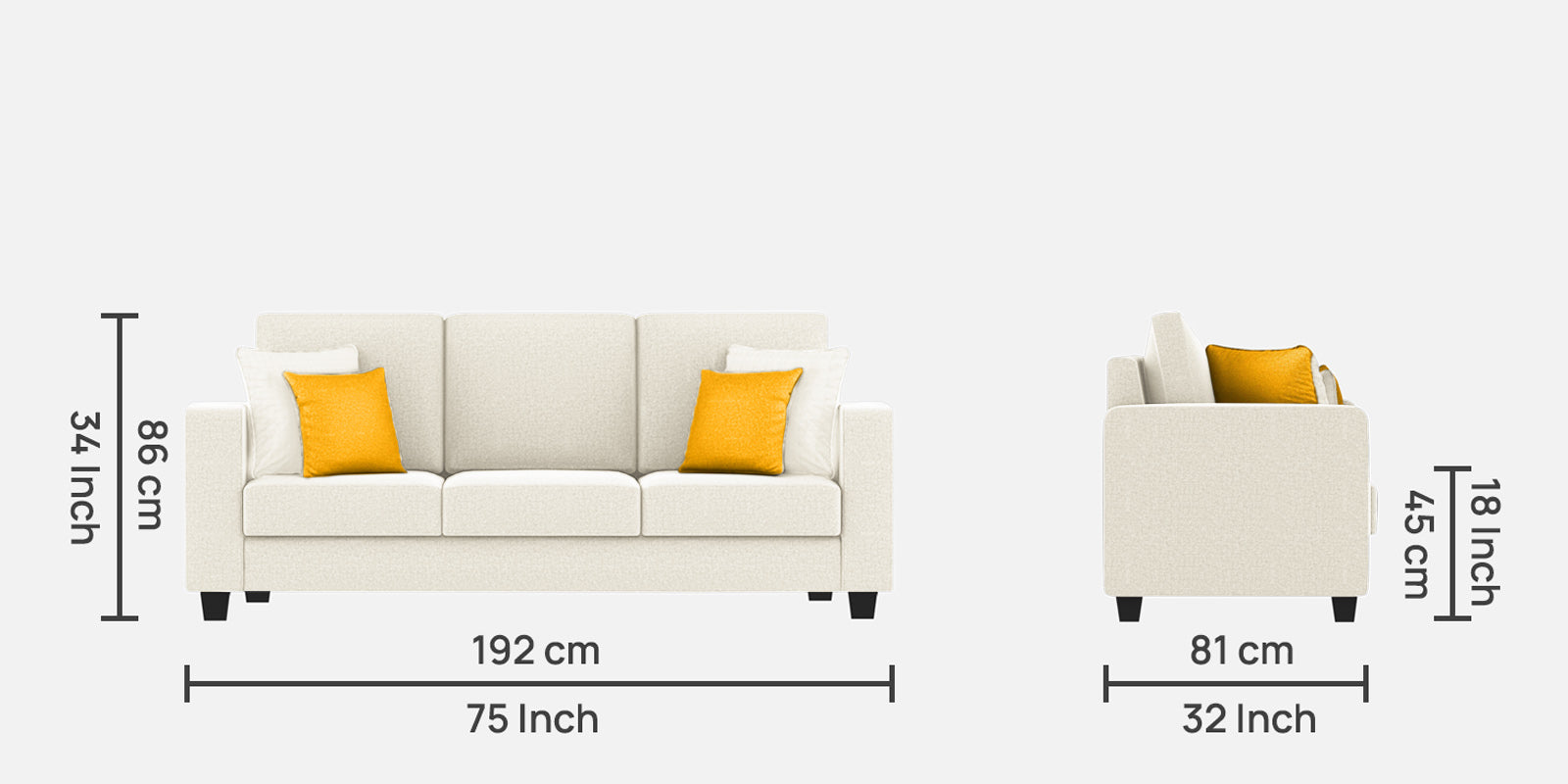 Nabi Fabric 3 Seater Sofa In Ivory cream Colour - Febonic Living