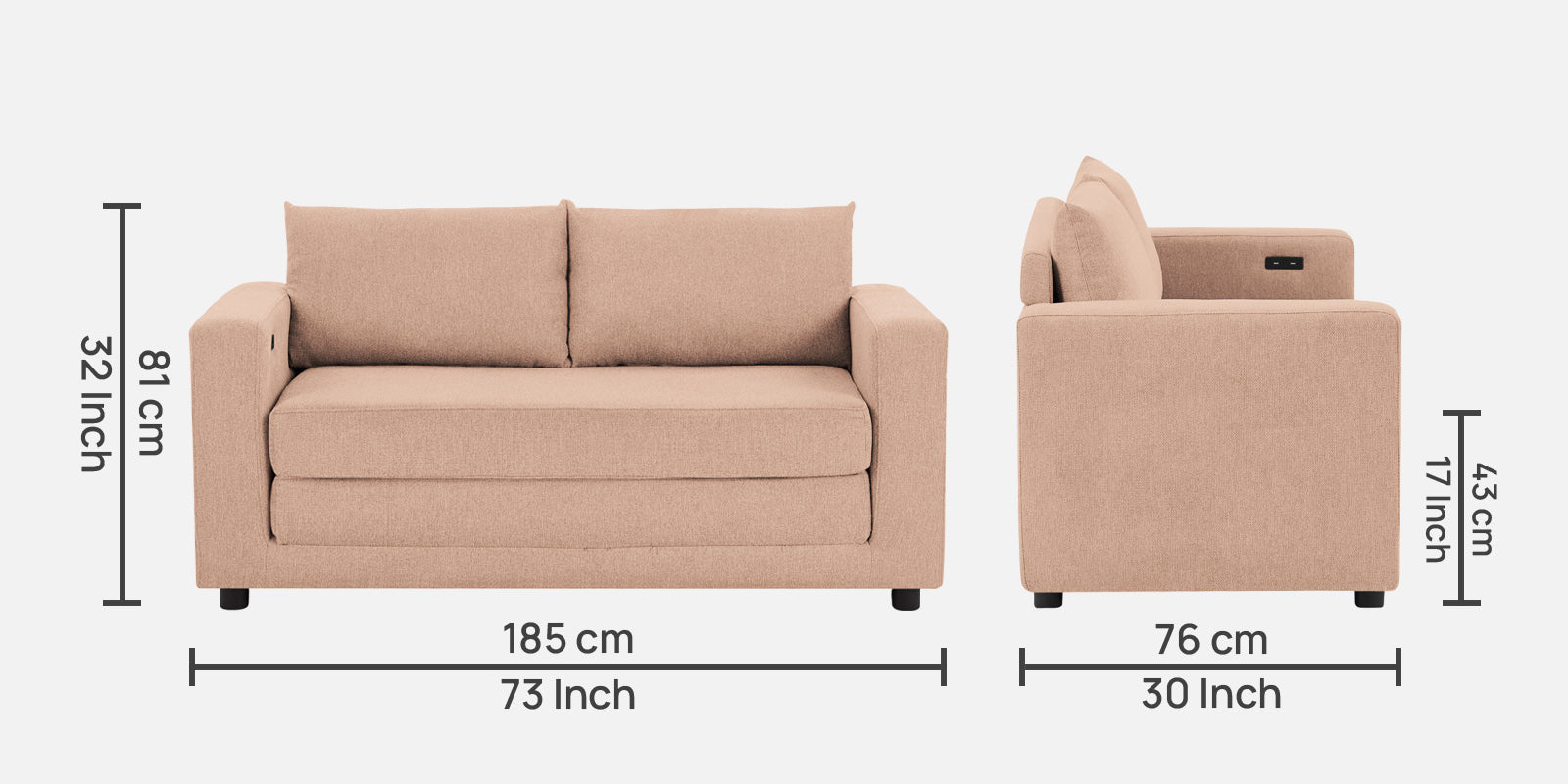 Roman Fabric 3 Seater Foldable Sofa Cum Bed In Cosmic Beige Colour With USB Portable Type - Febonic Living