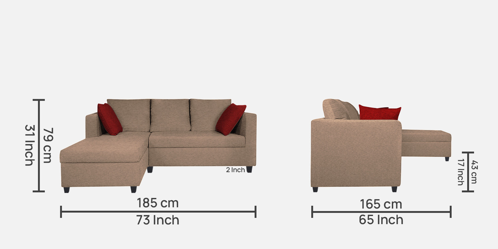 Nebula Fabric RHS Sectional Sofa (2+Lounger) In Cookie Beige Colour - Febonic Living