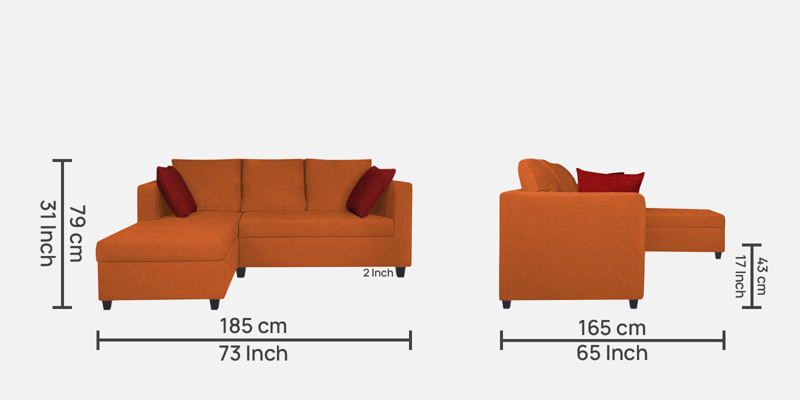 Nebula Fabric RHS Sectional Sofa (2+Lounger) In Vivid Orange Colour - Febonic Living