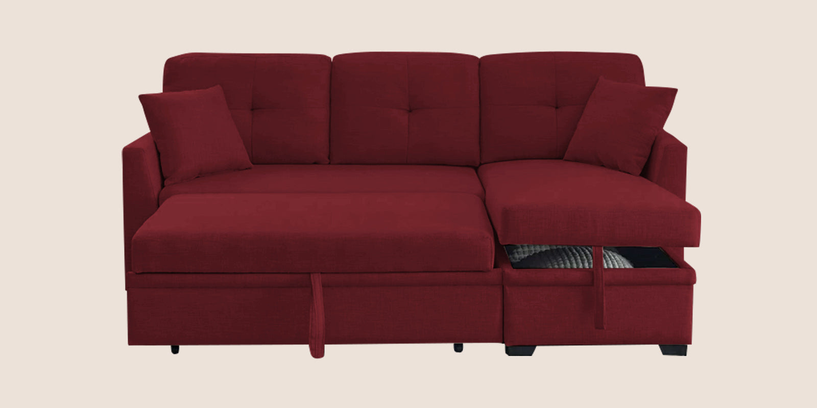 Jody Fabric 3 Seater Pull Out Sofa Cum Bed In Blood Maroon Colour With Storage - Febonic Living