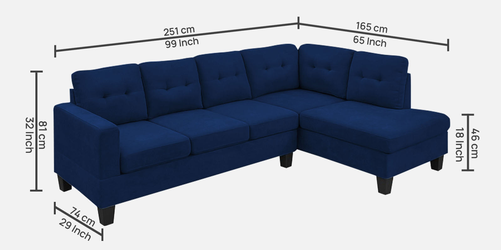 Thomas Fabric LHS Sectional Sofa (3+Lounger) In Royal Blue Colour - Febonic Living