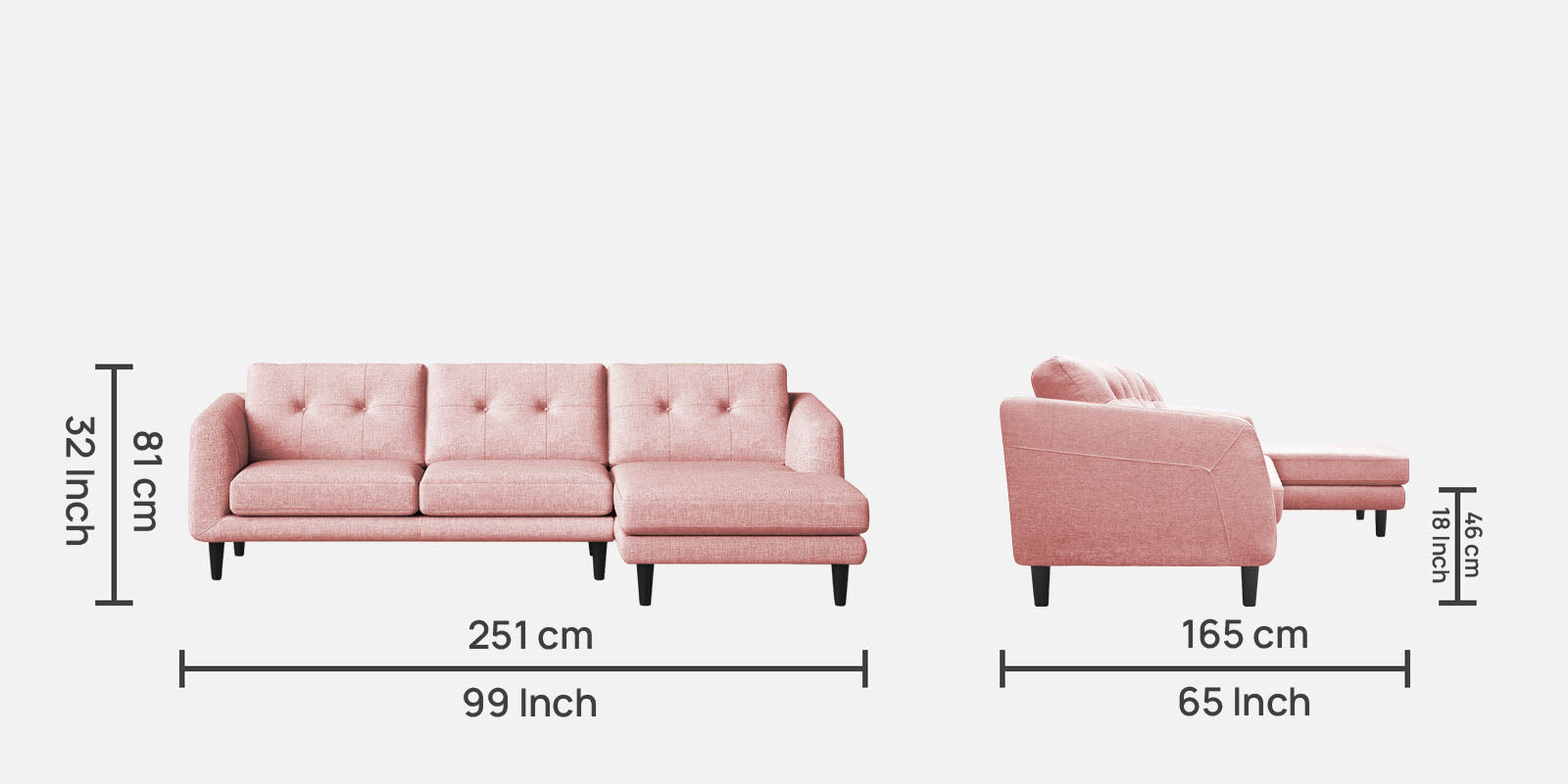 Natasha Velvet LHS Sectional Sofa (3+Lounger) In Millennial Pink Colour - Febonic Living