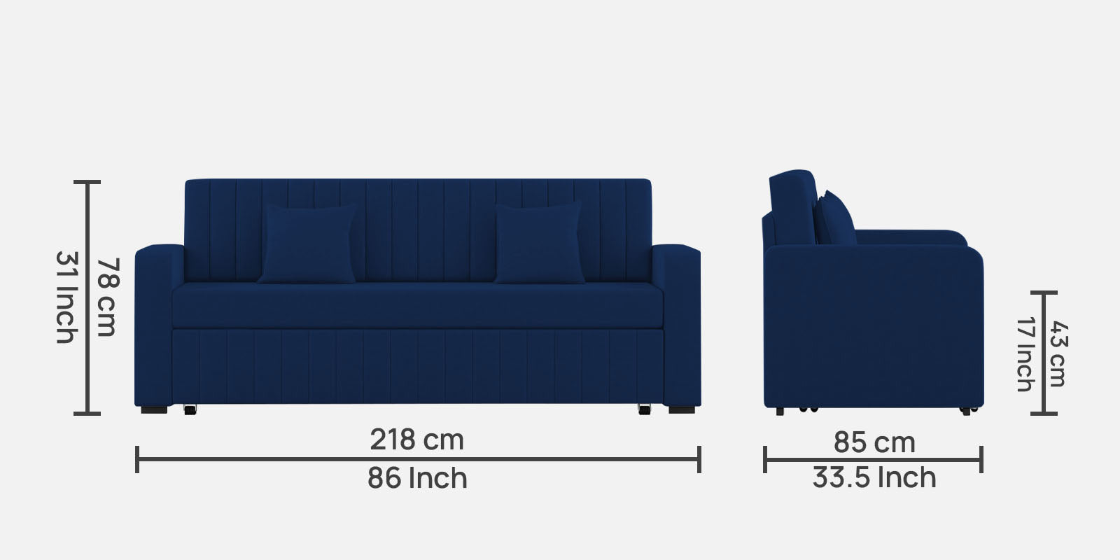 Calra Fabric 3 Seater Pull Out Sofa Cum Bed In Royal Blue Colour With Storage - Febonic Living