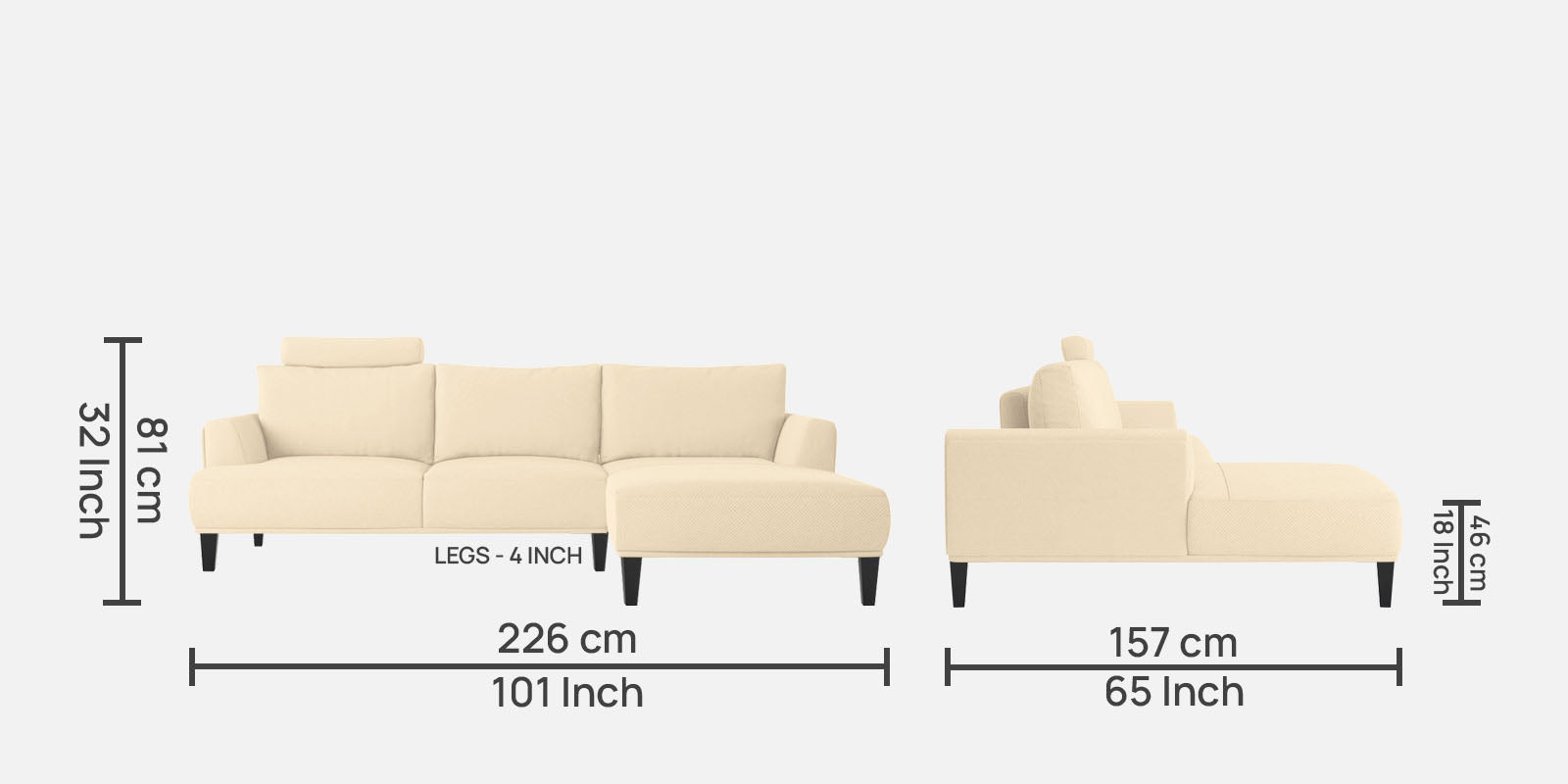 Como Fabric LHS Sectional Sofa (3+Lounger) In Ivory Beige Colour - Febonic Living
