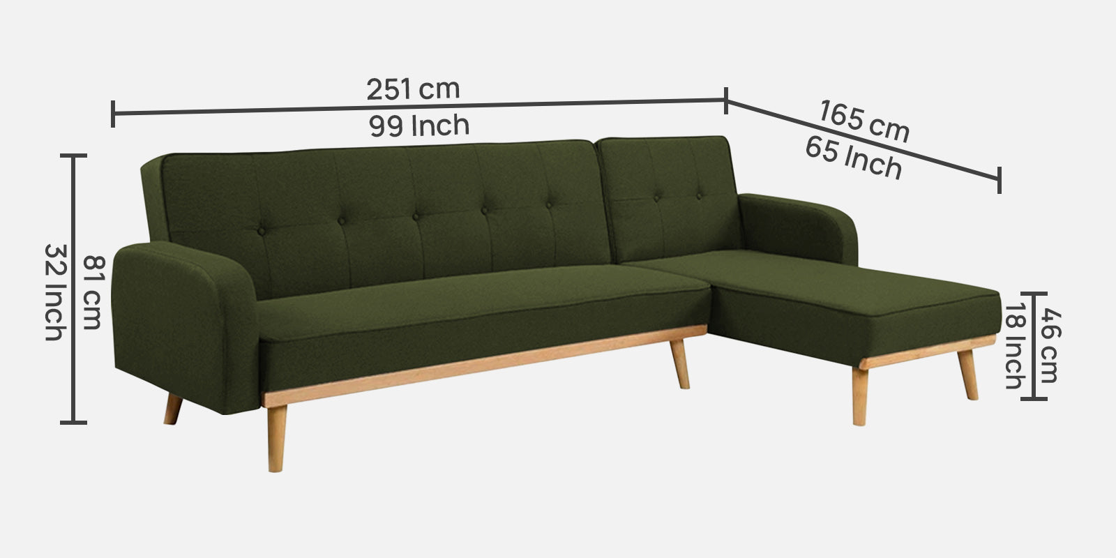 Zuno Fabric RHS Convertible Sofa Cum Bed In Olive Green Colour - Febonic Living