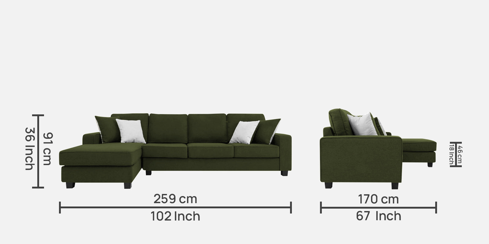 Ladybug Fabric RHS Sectional Sofa (3+Lounger) In Olive Green Colour - Febonic Living