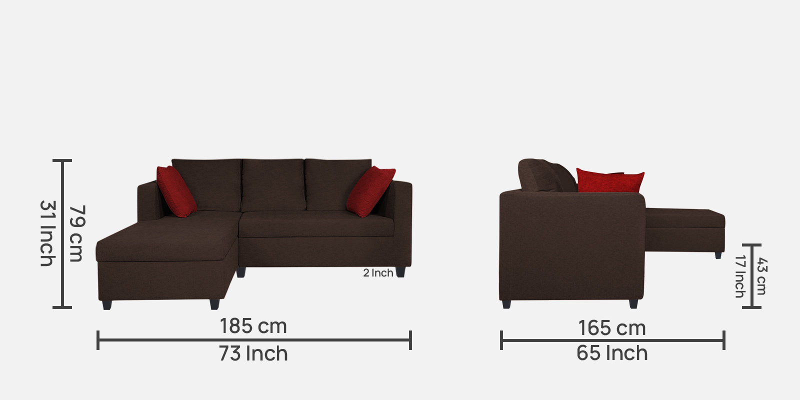 Nebula Fabric RHS Sectional Sofa (2+Lounger) In Coffee Brown Colour - Febonic Living