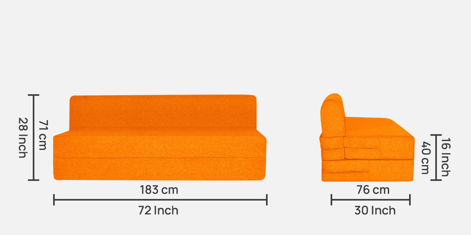 Fleepy Fabric 3 Seater Foldable Sofa Cum Bed In Vivid Orange Colour - Febonic Living