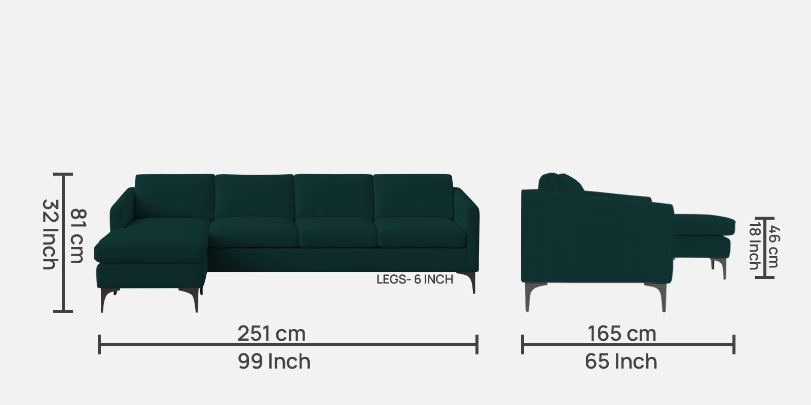 Haru Fabric RHS Sectional Sofa (3+Lounger) In Forest Green Colour - Febonic Living