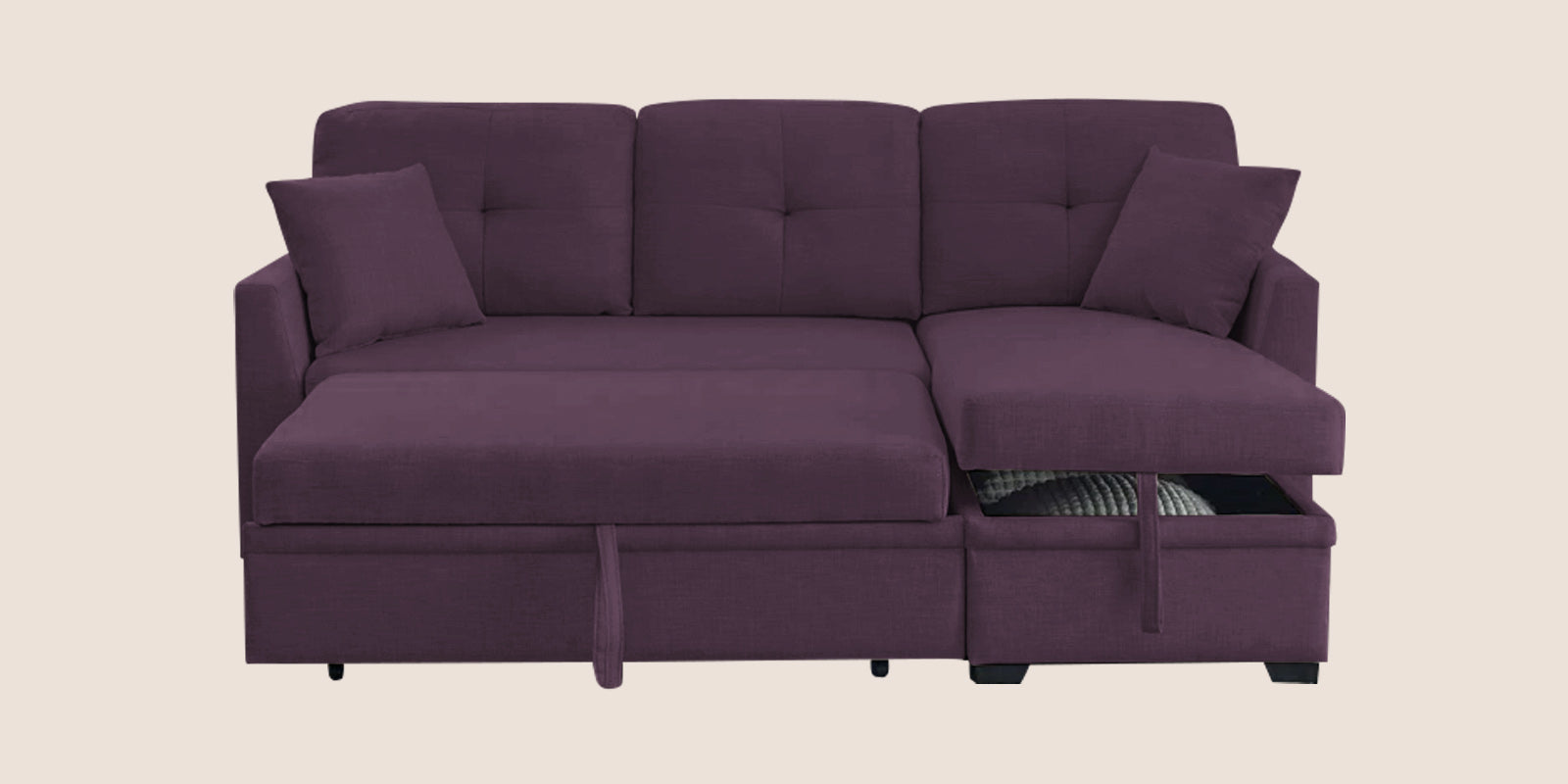 Jody Fabric 3 Seater Pull Out Sofa Cum Bed In Greek Purple Colour With Storage - Febonic Living