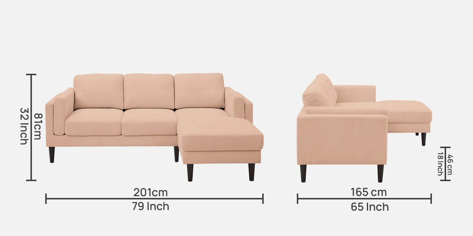 Creata Fabric LHS Sectional Sofa (2+Lounger) in Cosmic Beige Colour by Febonic