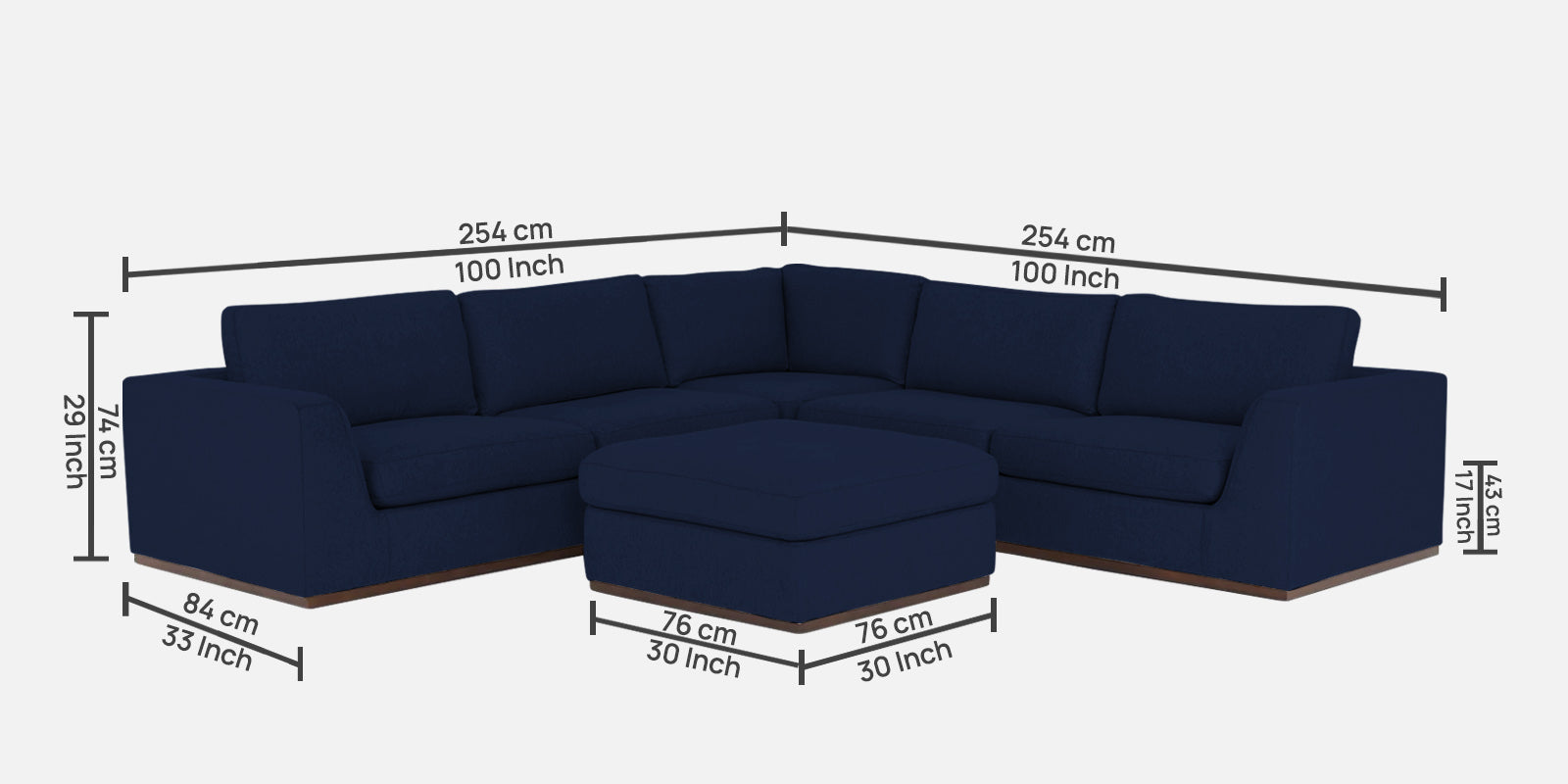 Freedom Velvet 6 Seater LHS Corner Sofa In Indigo Blue Colour With Ottoman - Febonic Living