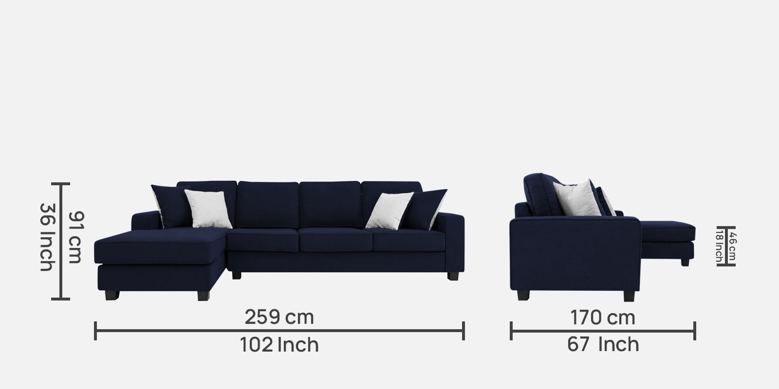 Ladybug Fabric RHS Sectional Sofa (3+Lounger) In Royal Blue Colour - Febonic Living