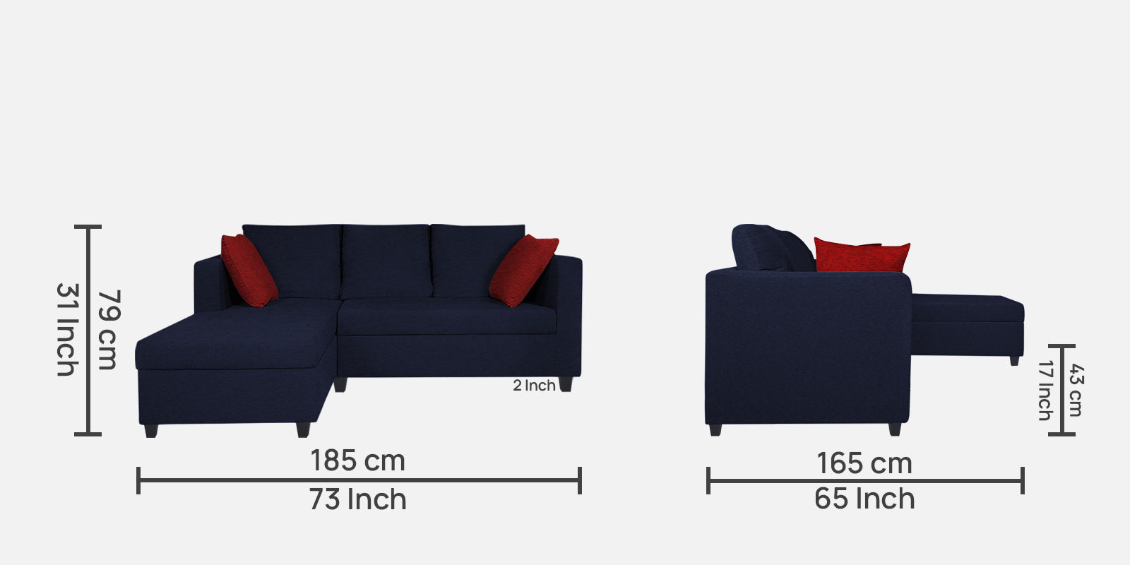 Nebula Fabric RHS Sectional Sofa (2+Lounger) In Royal Blue Colour - Febonic Living