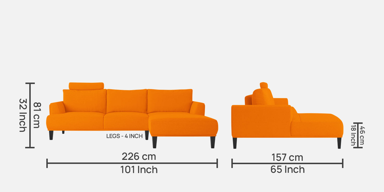 Como Fabric LHS Sectional Sofa (3+Lounger) In Vivid Orange Colour - Febonic Living