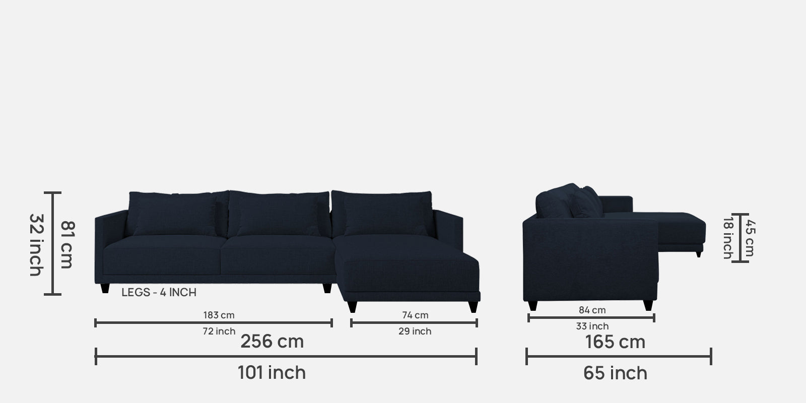 Kera Fabric LHS Sectional Sofa (3+Lounger) In Denim Blue Colour - Febonic Living