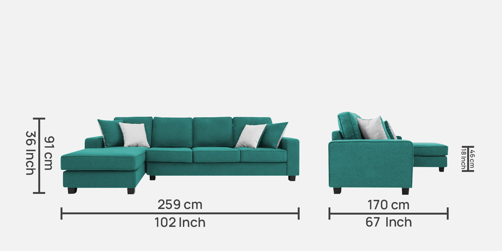 Ladybug Fabric RHS Sectional Sofa (3+Lounger) In Sea Green Colour - Febonic Living