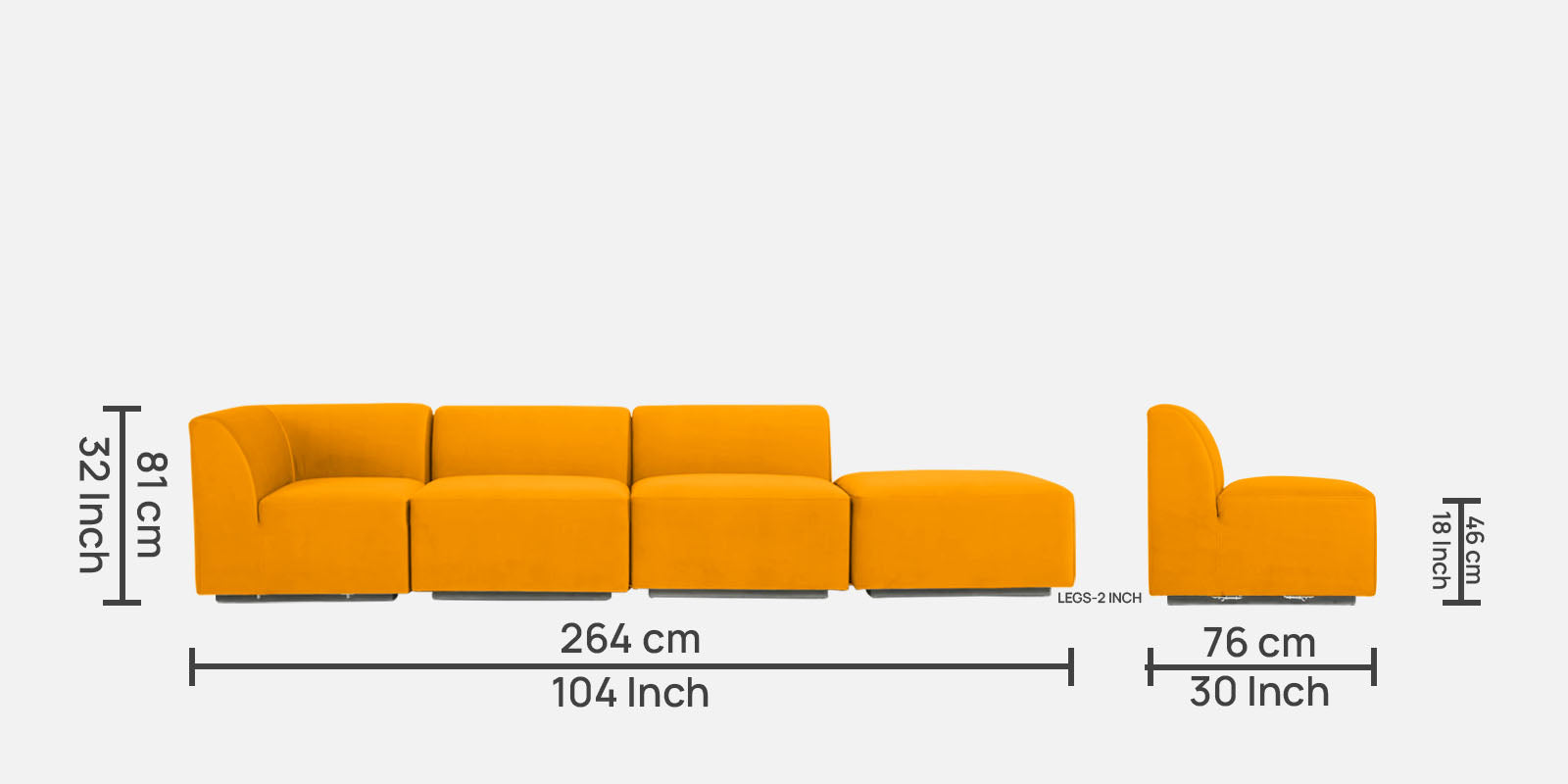 Bufa Velvet RHS Sectional Sofa In Saffron Yellow Colour With Ottoman - Febonic Living