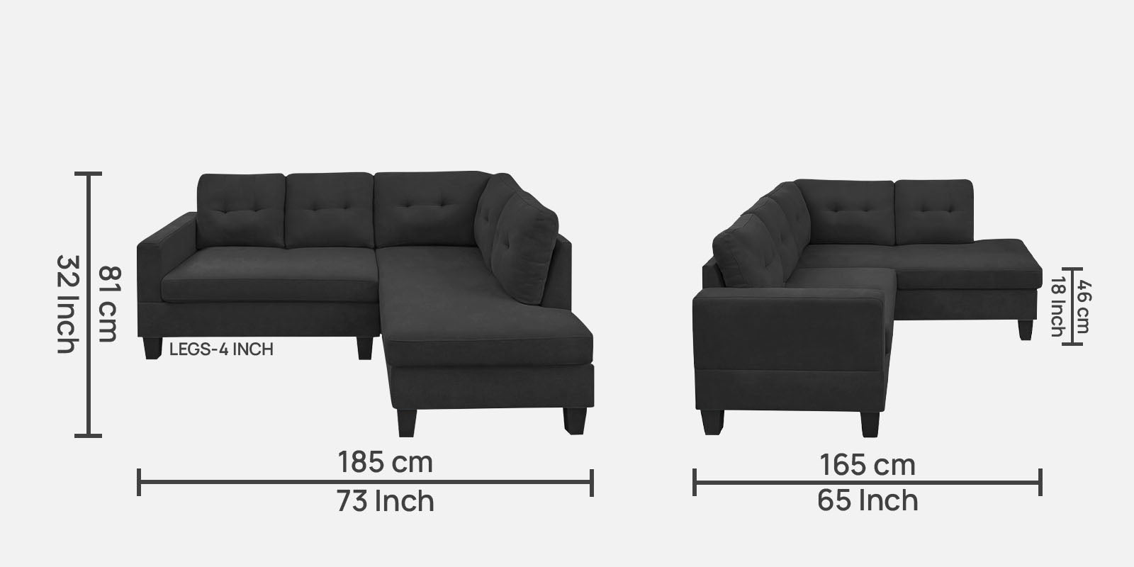 Thomas Fabric LHS Sectional Sofa (2+Lounger) In Charcoal Grey Colour - Febonic Living