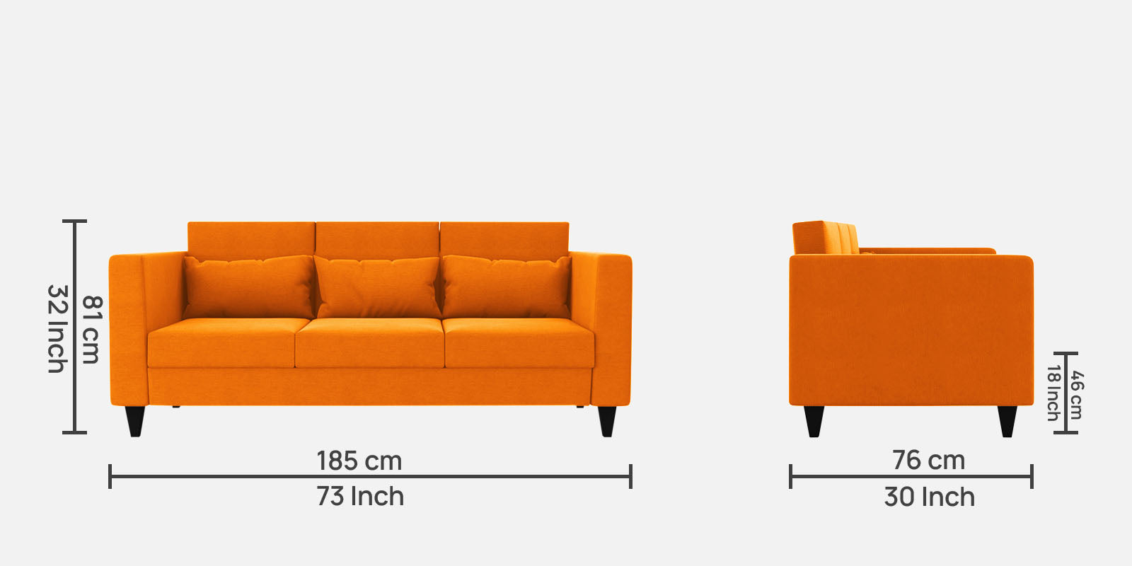 Nipul Fabric 3 Seater Sofa In Vivid Orange Colour - Febonic Living