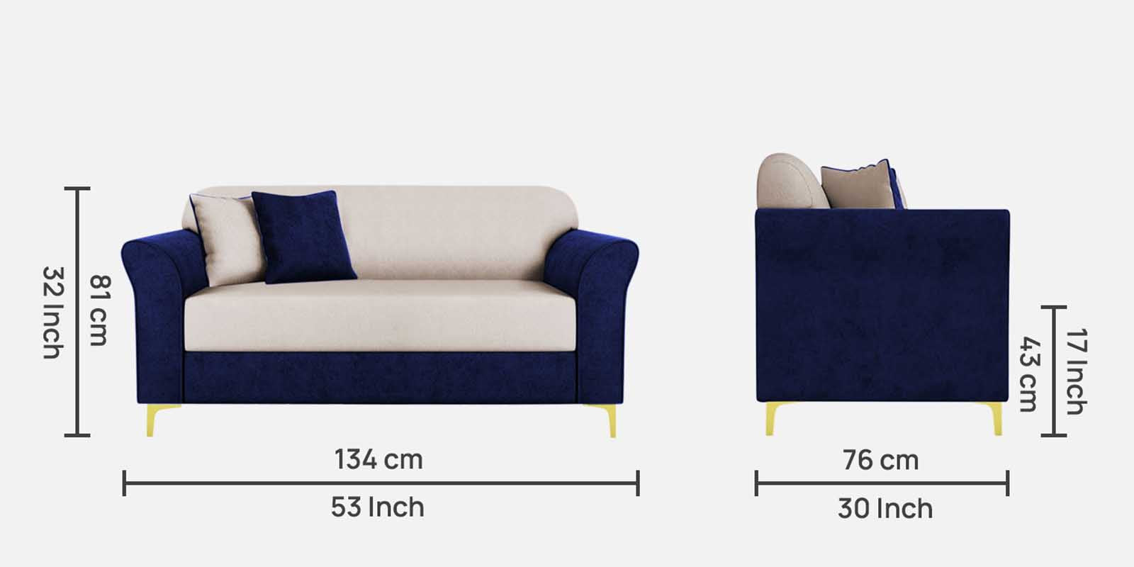 Jordan Velvet 2 Seater Sofa In Imperial Blue And Camel Beige Colour - Febonic Living