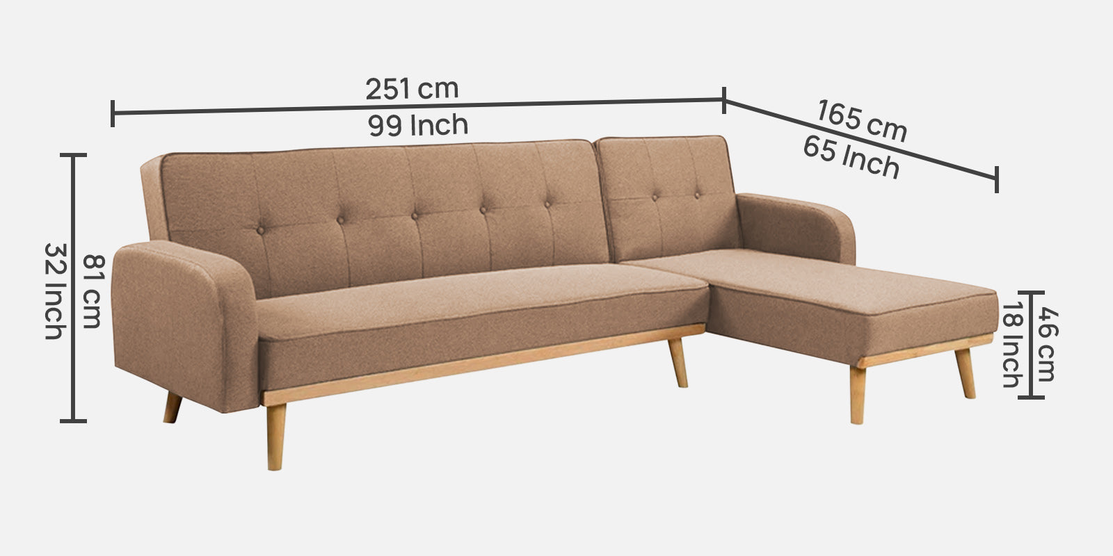 Zuno Fabric RHS Convertible Sofa Cum Bed In Cosmic Beige Colour - Febonic Living