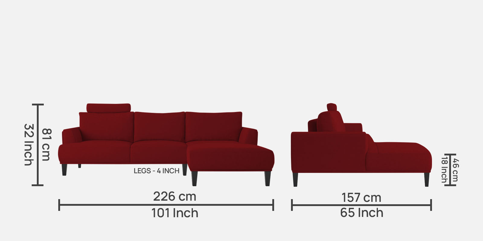 Como Fabric LHS Sectional Sofa (3+Lounger) In Blood Maroon Colour - Febonic Living