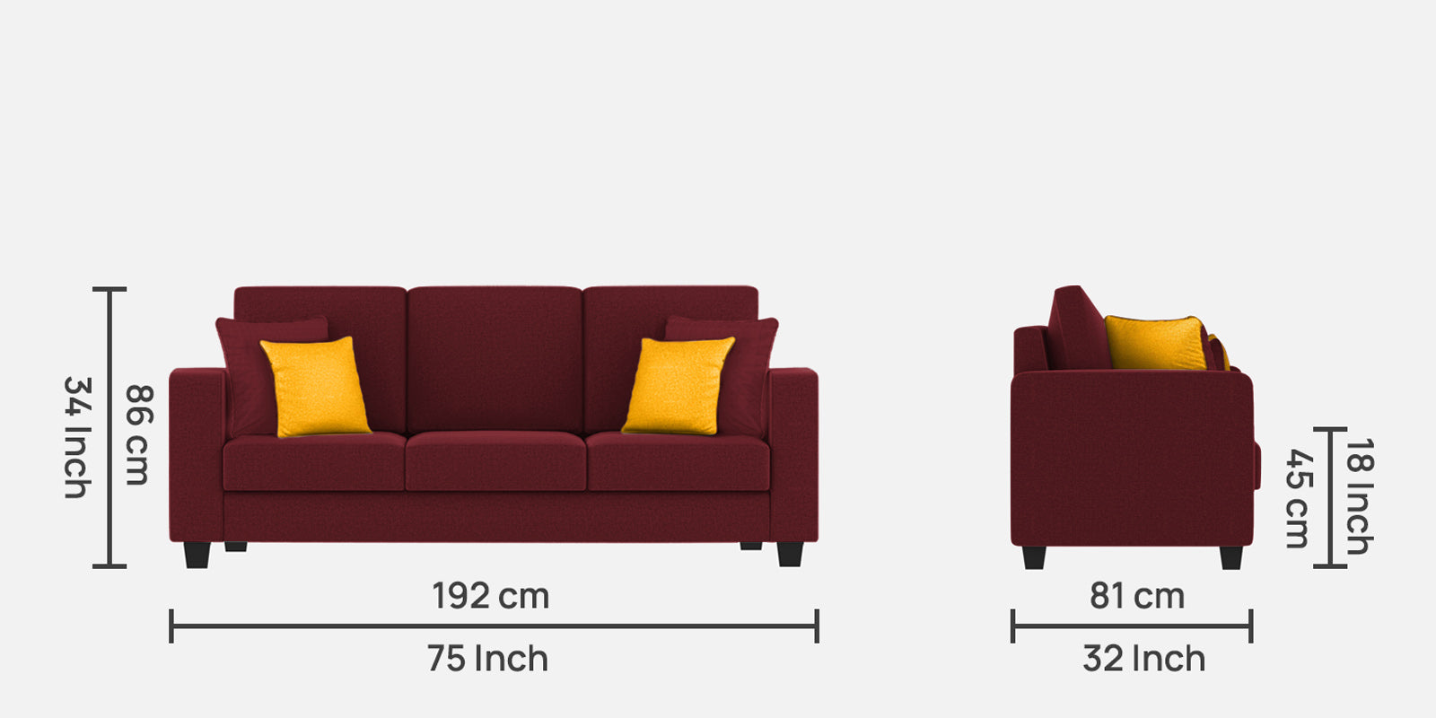 Nabi Fabric 3 Seater Sofa In Blood Maroon Colour - Febonic Living