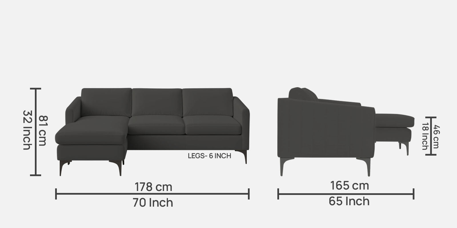 Haru Fabric RHS Sectional Sofa (2+Lounger) In Hory Grey Colour - Febonic Living