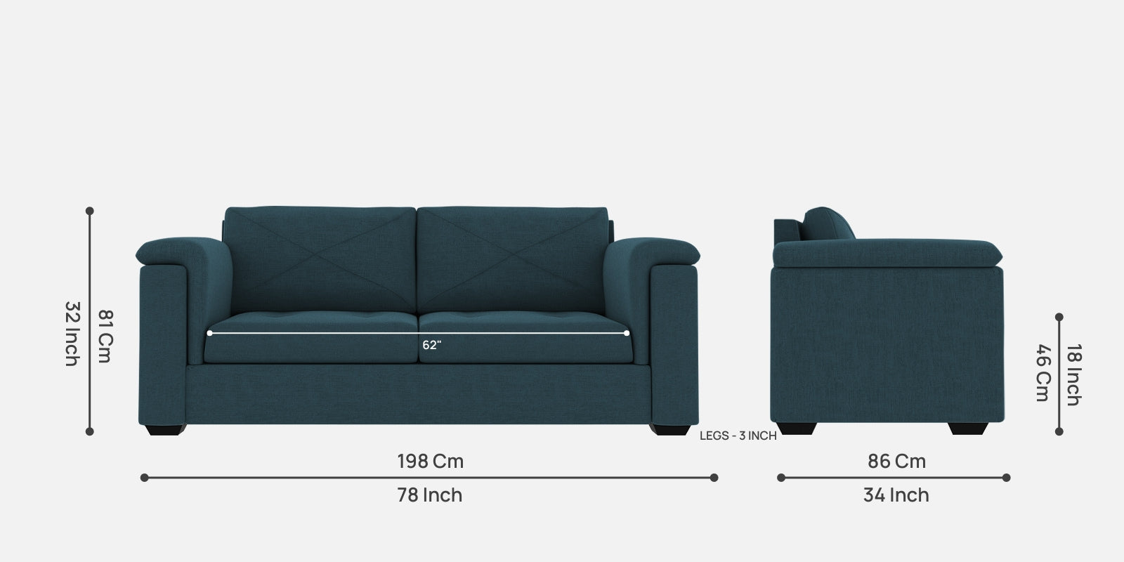 Andres Fabric 3 Seater Sofa In Harbour Blue Colour - Febonic Living