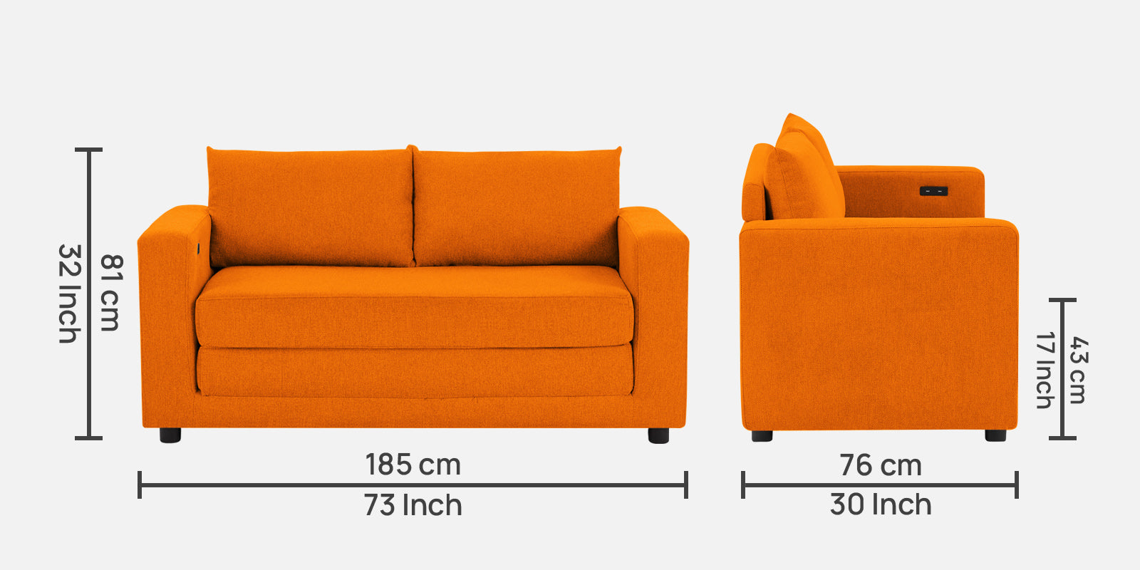 Roman Fabric 3 Seater Foldable Sofa Cum Bed In Vivid Orange Colour With USB Portable Type - Febonic Living
