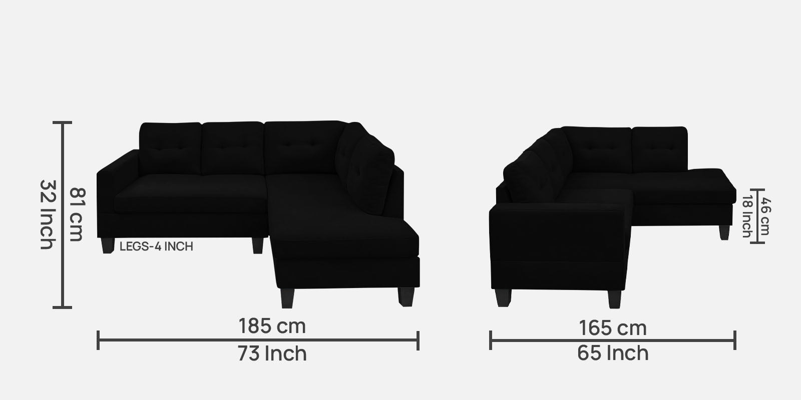 Thomas Fabric LHS Sectional Sofa (2+Lounger) In Zed Black Colour - Febonic Living