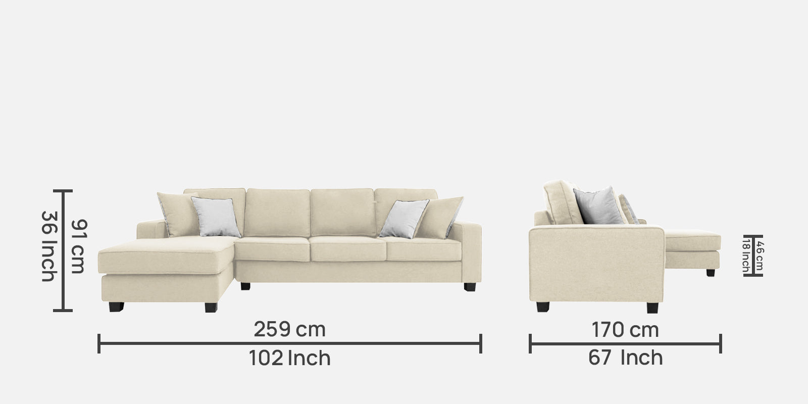 Ladybug Fabric RHS Sectional Sofa (3+Lounger) In Ivory Cream Colour - Febonic Living