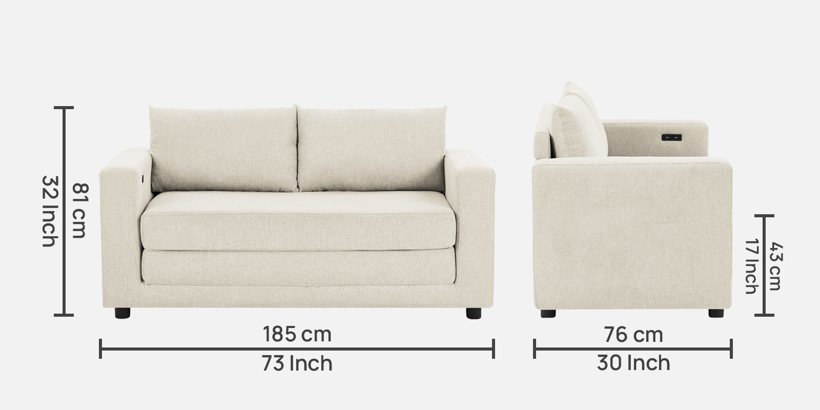 Roman Fabric 3 Seater Foldable Sofa Cum Bed In ivory cream Colour With USB Portable Type - Febonic Living