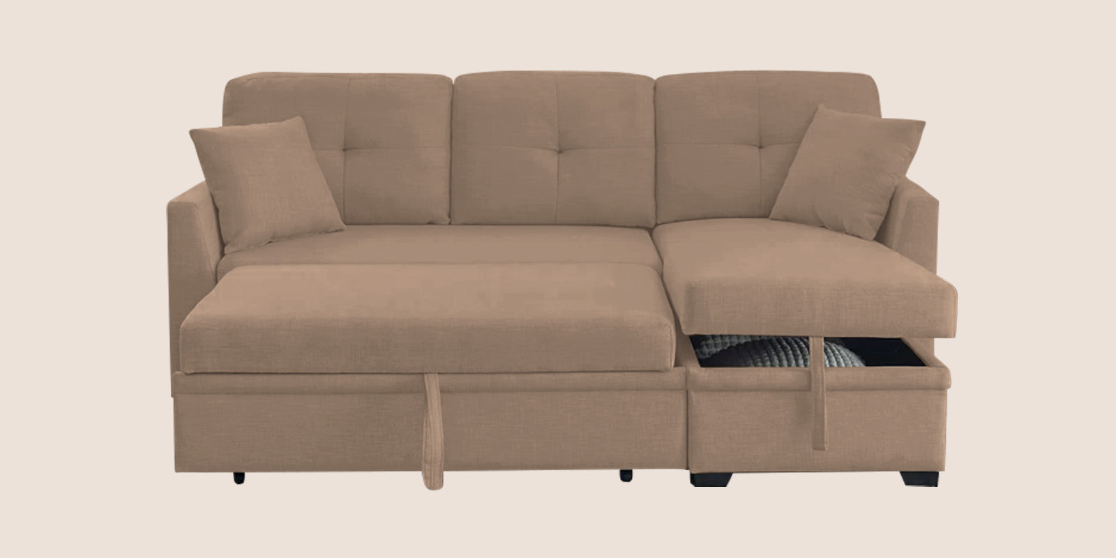 Jody Fabric 3 Seater Pull Out Sofa Cum Bed In Cookie Beige Colour With Storage - Febonic Living