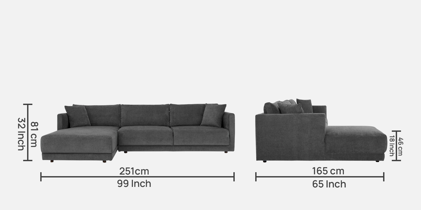 Northern Fabric RHS Sectional Sofa (3+Lounger) In Charcoal grey Colour - Febonic Living
