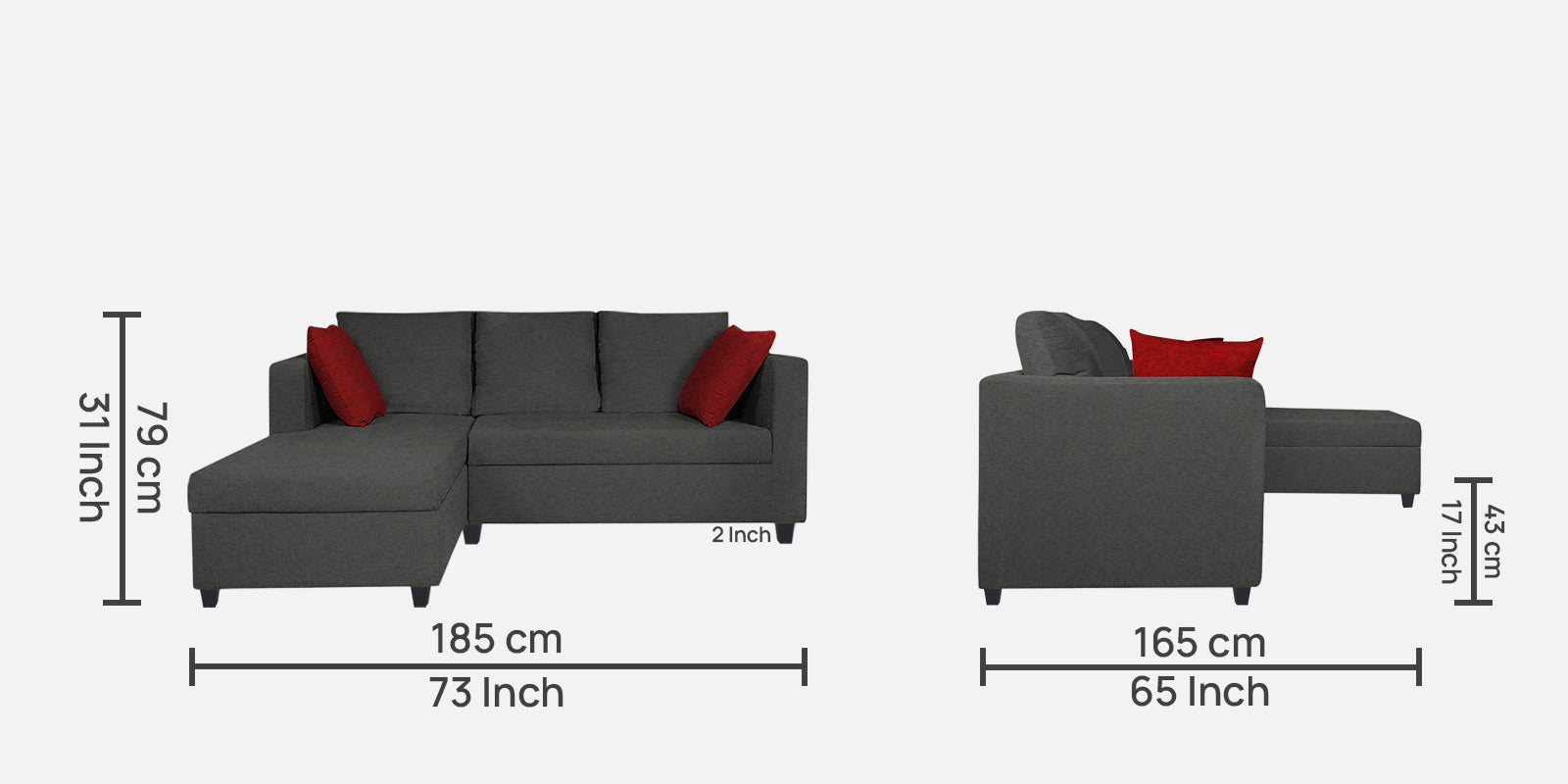 Nebula Fabric RHS Sectional Sofa (2+Lounger) In Charcoal Grey Colour - Febonic Living