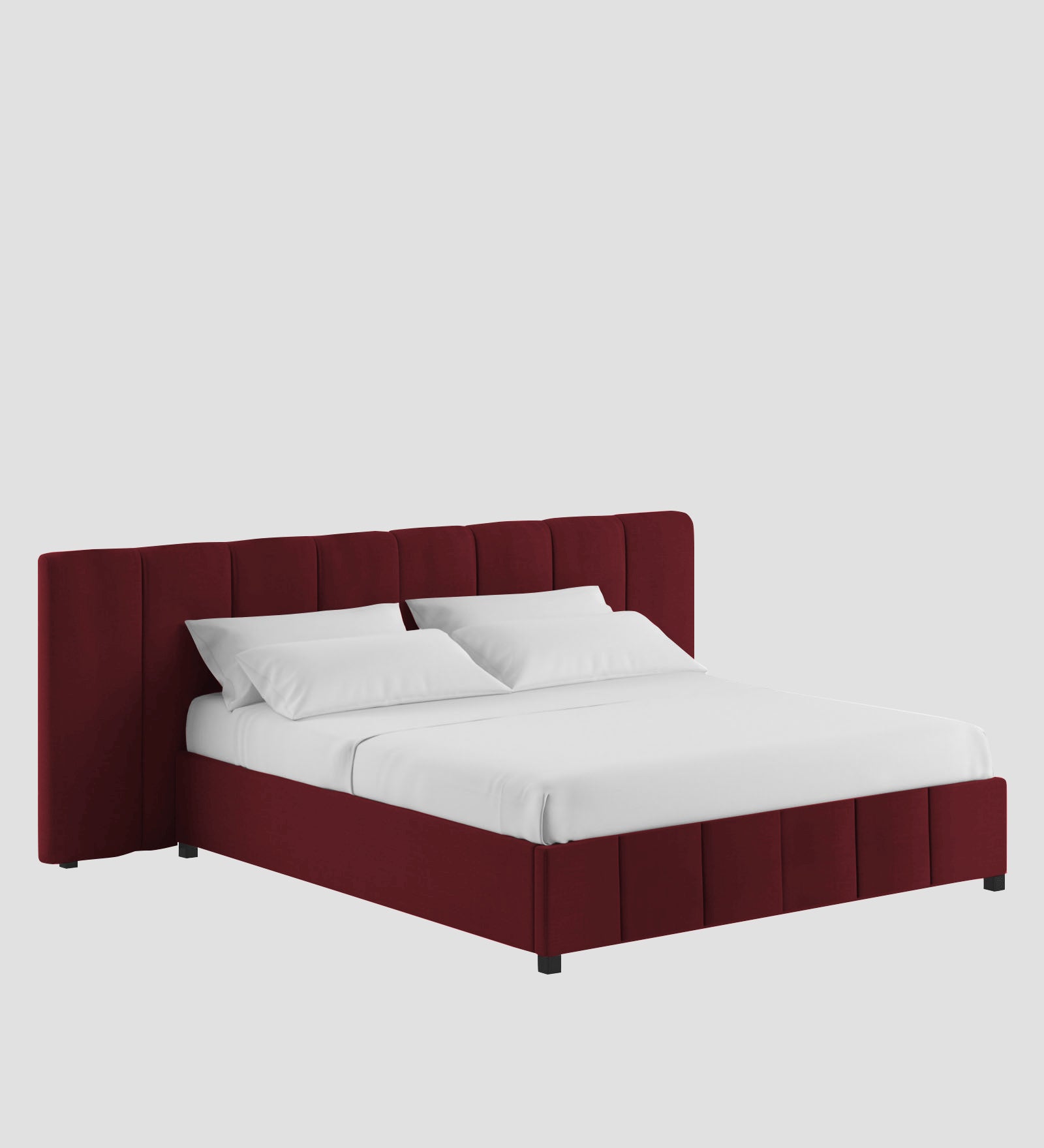 Nora Fabric Upholstered King Size Bed In Blood Maroon Colour With Box Storage - Febonic Living
