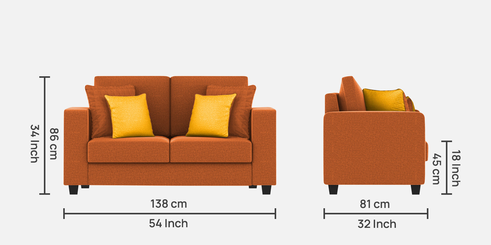 Nabi Fabric 2 Seater Sofa In Vivid Orange Colour - Febonic Living