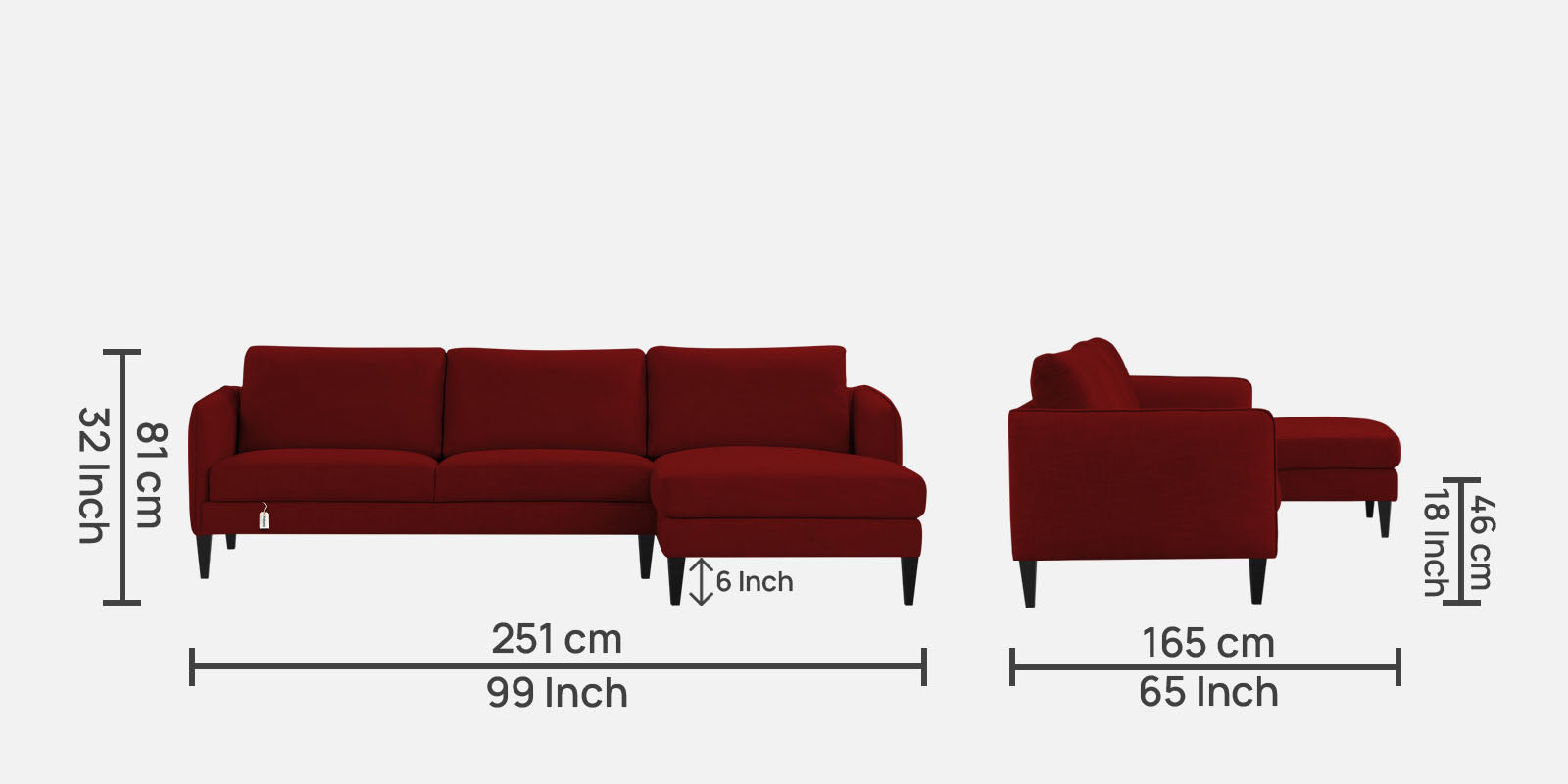 Piku Fabric LHS Sectional Sofa (3+Lounger) In Blood Maroon Colour - Febonic Living
