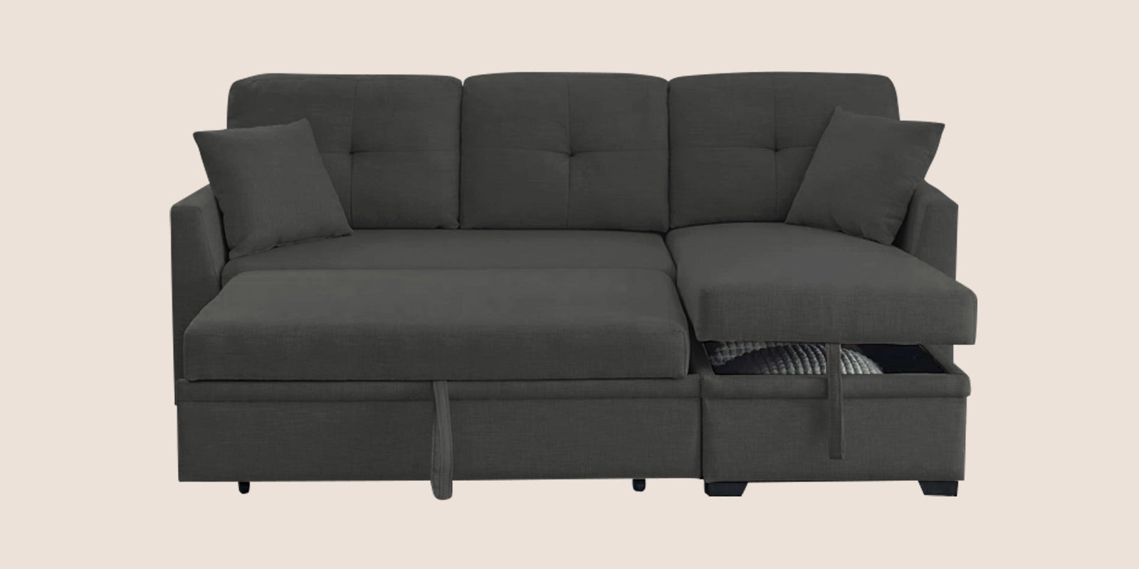 Jody Fabric 3 Seater Pull Out Sofa Cum Bed In Charcoal Grey Colour With Storage - Febonic Living