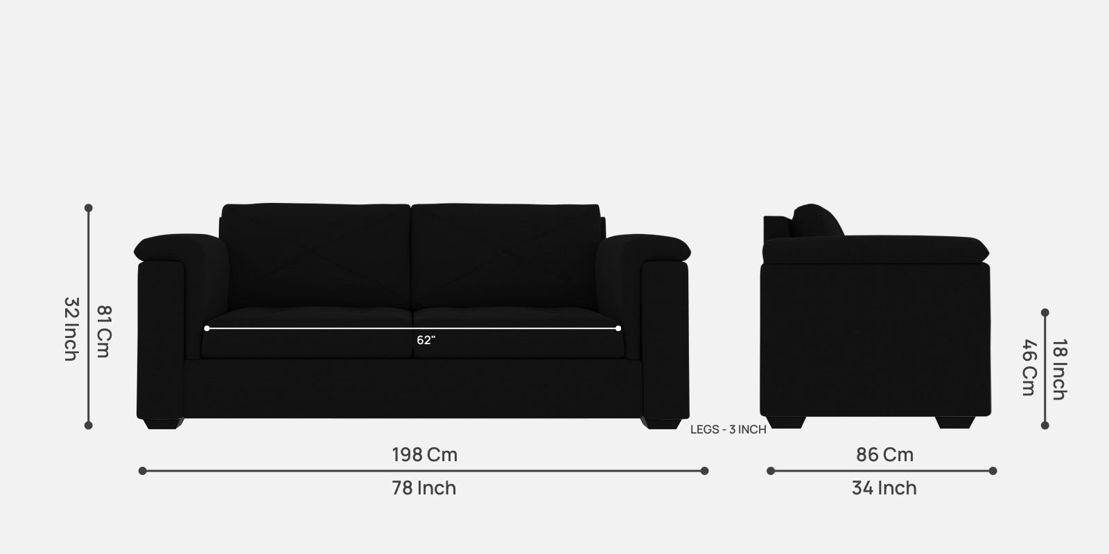 Andres Fabric 3 Seater Sofa In Heather Black Colour - Febonic Living