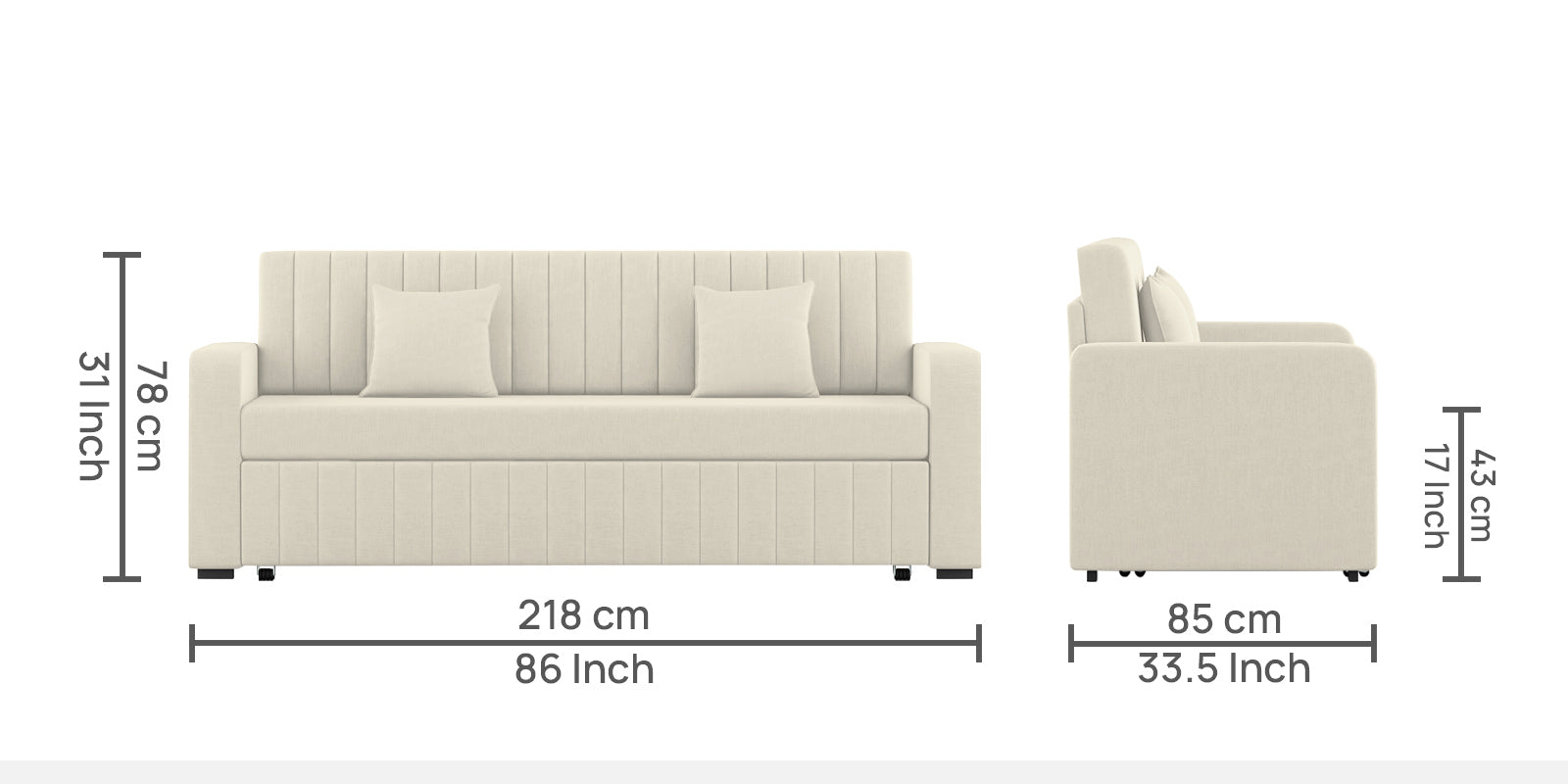 Calra Fabric 3 Seater Pull Out Sofa Cum Bed In Ivory Cream Colour With Storage - Febonic Living